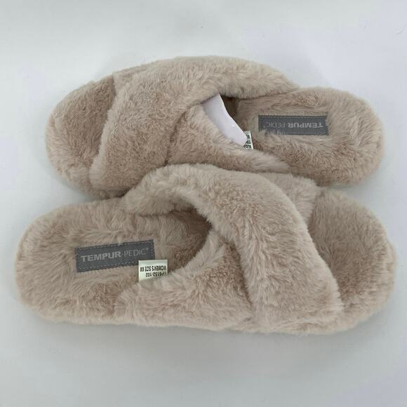 Tempur-Pedic Size 6M Natural Sloann Slide Slippers Faux Fur Cross-Strap P19-17 - Picture 5 of 12